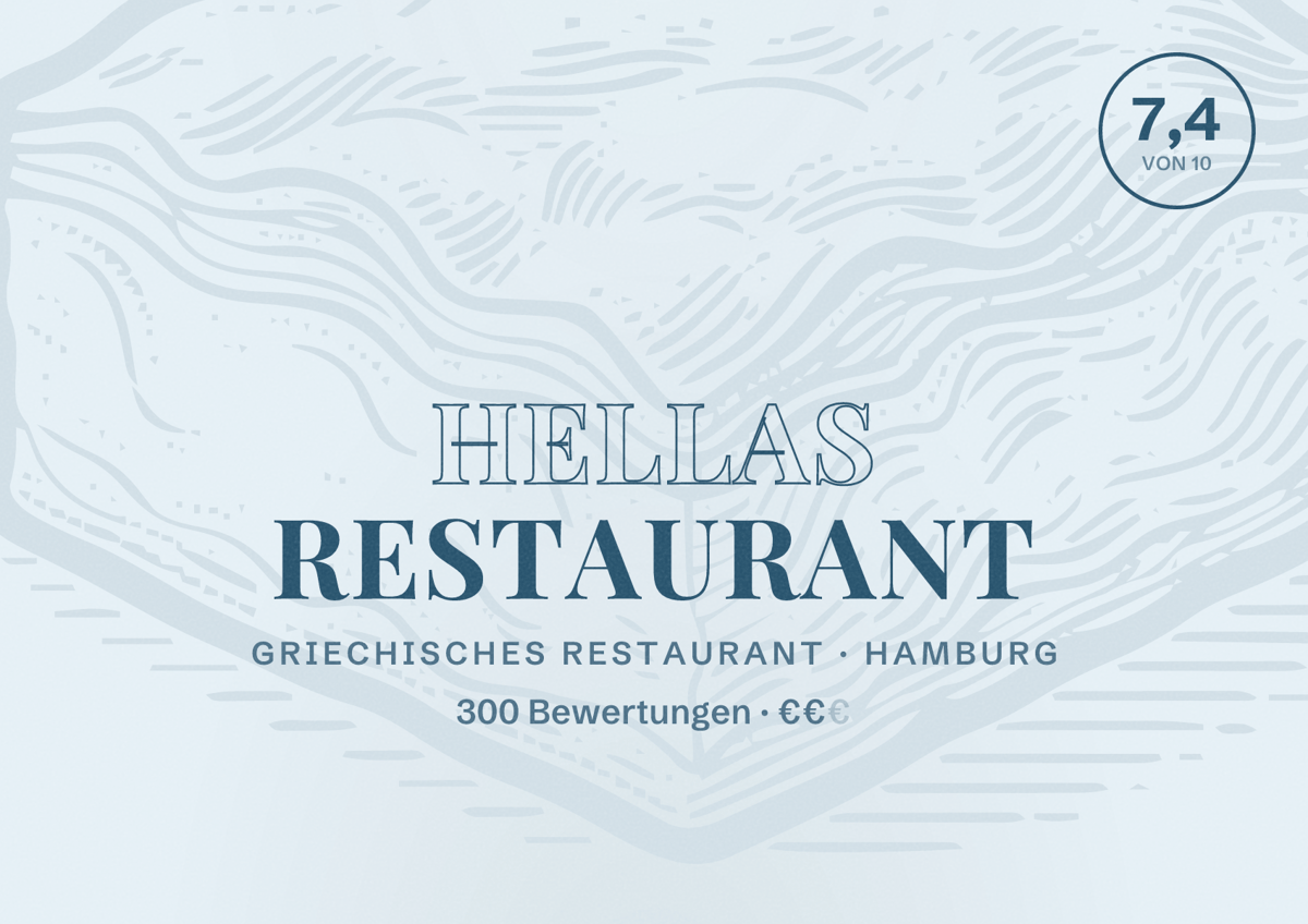 Illustriertes Poster von Hellas Restaurant, Griechisches Restaurant in Hamburg: Bewertung 7,4 von 10 aus 300 Bewertungen, Preisniveau €€