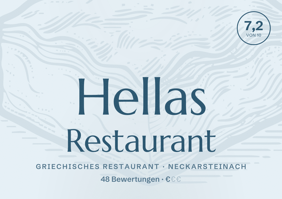 Illustriertes Poster von Hellas Restaurant, Griechisches Restaurant in Neckarsteinach: Bewertung 7,2 von 10 aus 48 Bewertungen, Preisniveau €