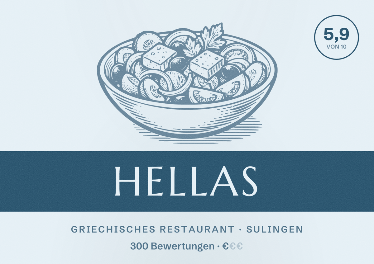 Illustriertes Poster von Hellas, Griechisches Restaurant in Sulingen: Bewertung 5,9 von 10 aus 300 Bewertungen, Preisniveau €