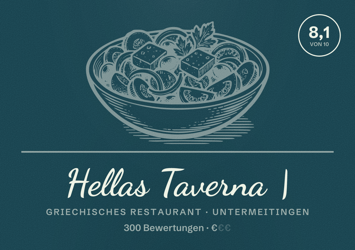 Illustriertes Poster von Hellas Taverna |, Griechisches Restaurant in Untermeitingen: Bewertung 8,1 von 10 aus 300 Bewertungen, Preisniveau €