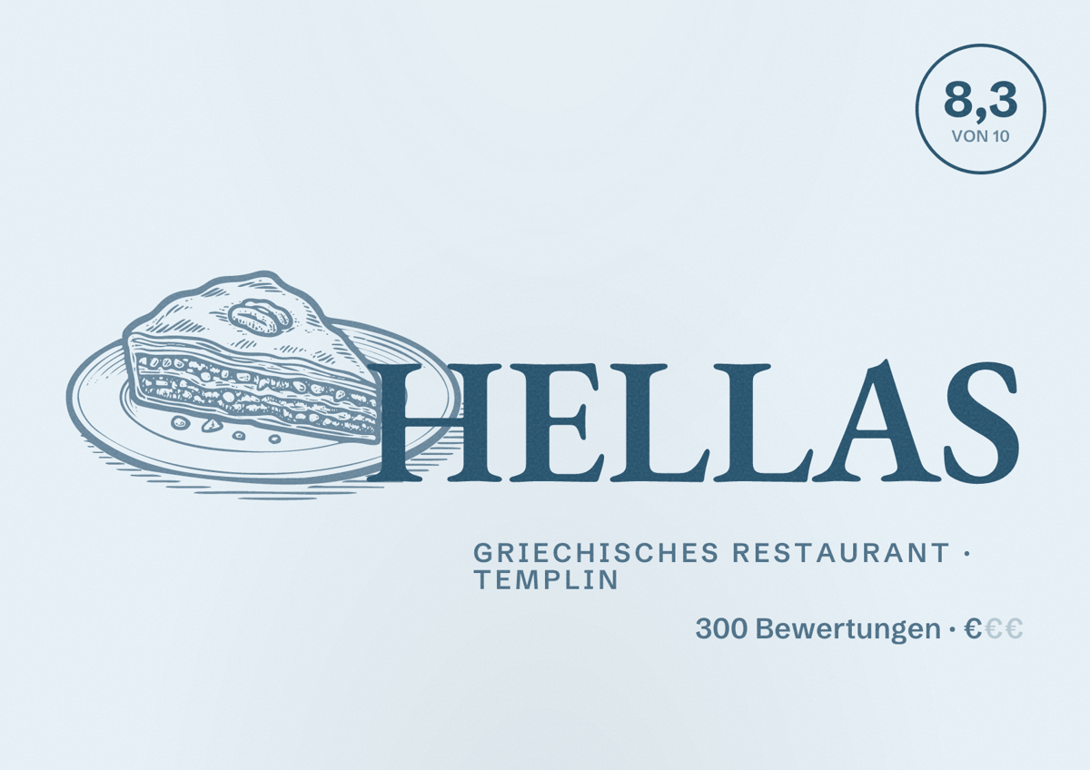 Illustriertes Poster von HELLAS, Griechisches Restaurant in Templin: Bewertung 8,3 von 10 aus 300 Bewertungen, Preisniveau €