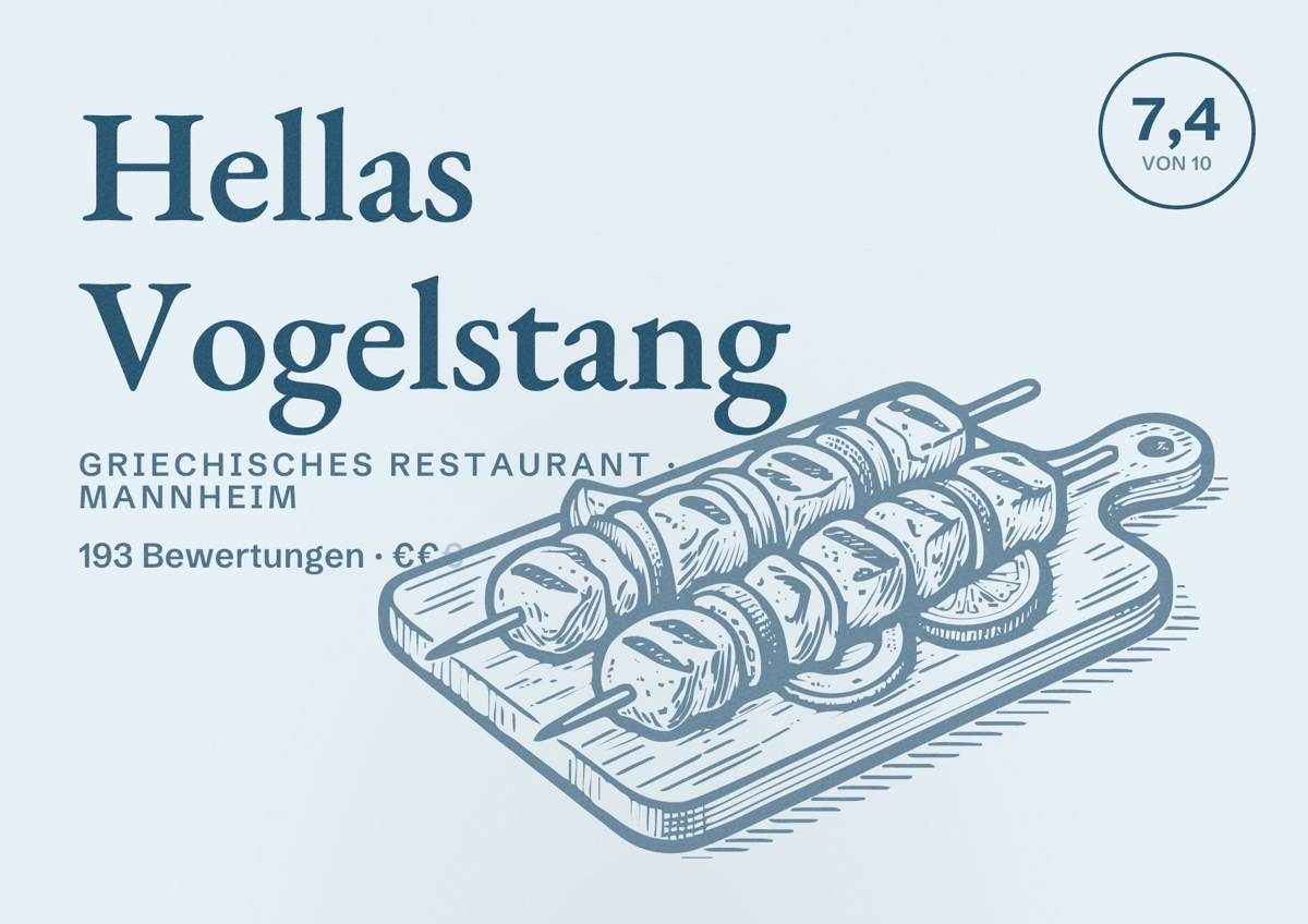 Illustriertes Poster von Hellas Vogelstang, Griechisches Restaurant in Mannheim: Bewertung 7,4 von 10 aus 193 Bewertungen, Preisniveau €€