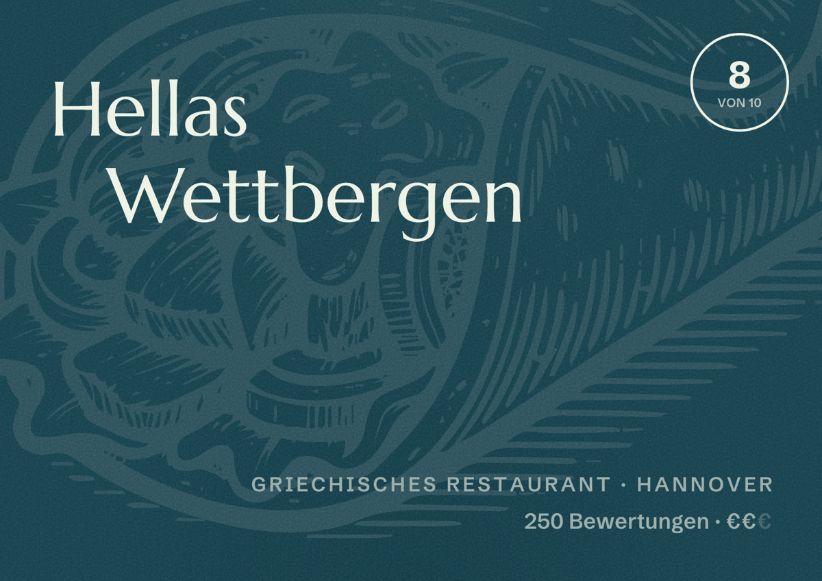 Illustriertes Poster von Hellas Wettbergen, Griechisches Restaurant in Hannover: Bewertung 8,0 von 10 aus 250 Bewertungen, Preisniveau €€