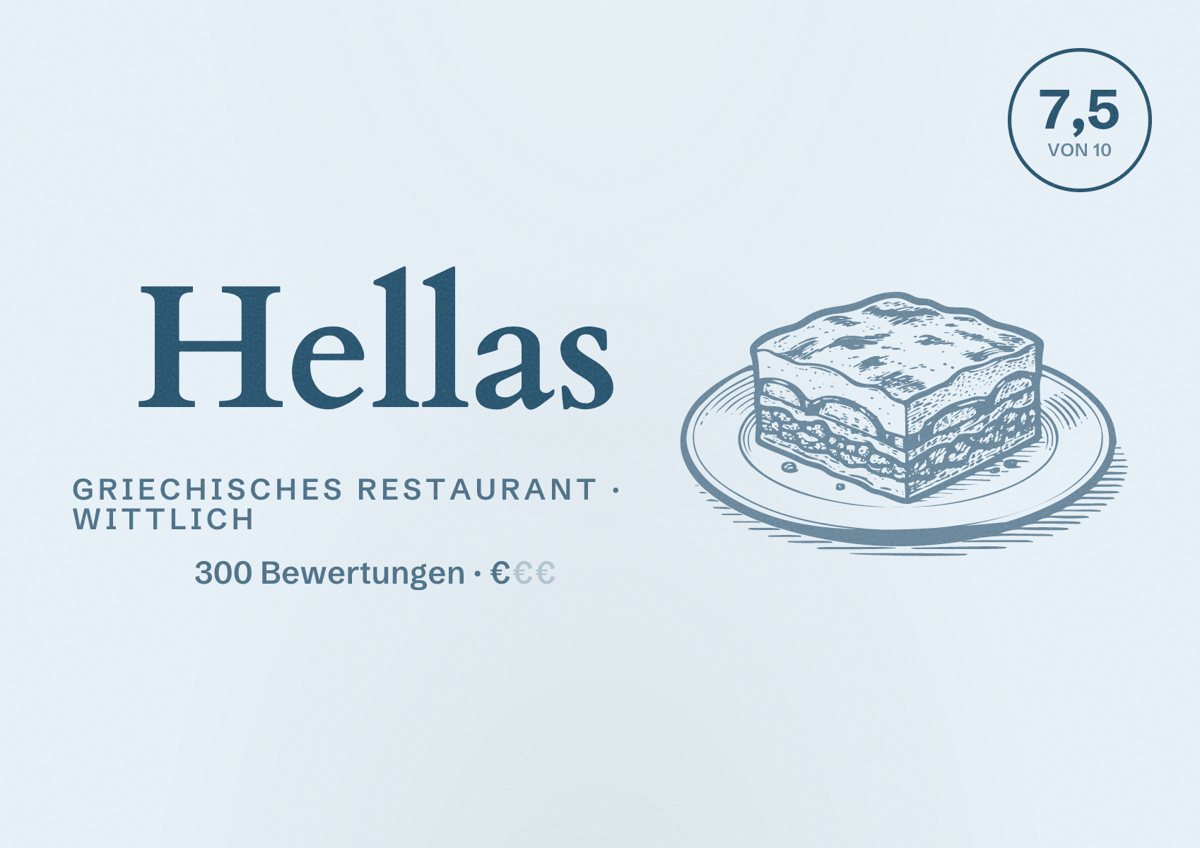 Illustriertes Poster von Hellas, Griechisches Restaurant in Wittlich: Bewertung 7,5 von 10 aus 300 Bewertungen, Preisniveau €