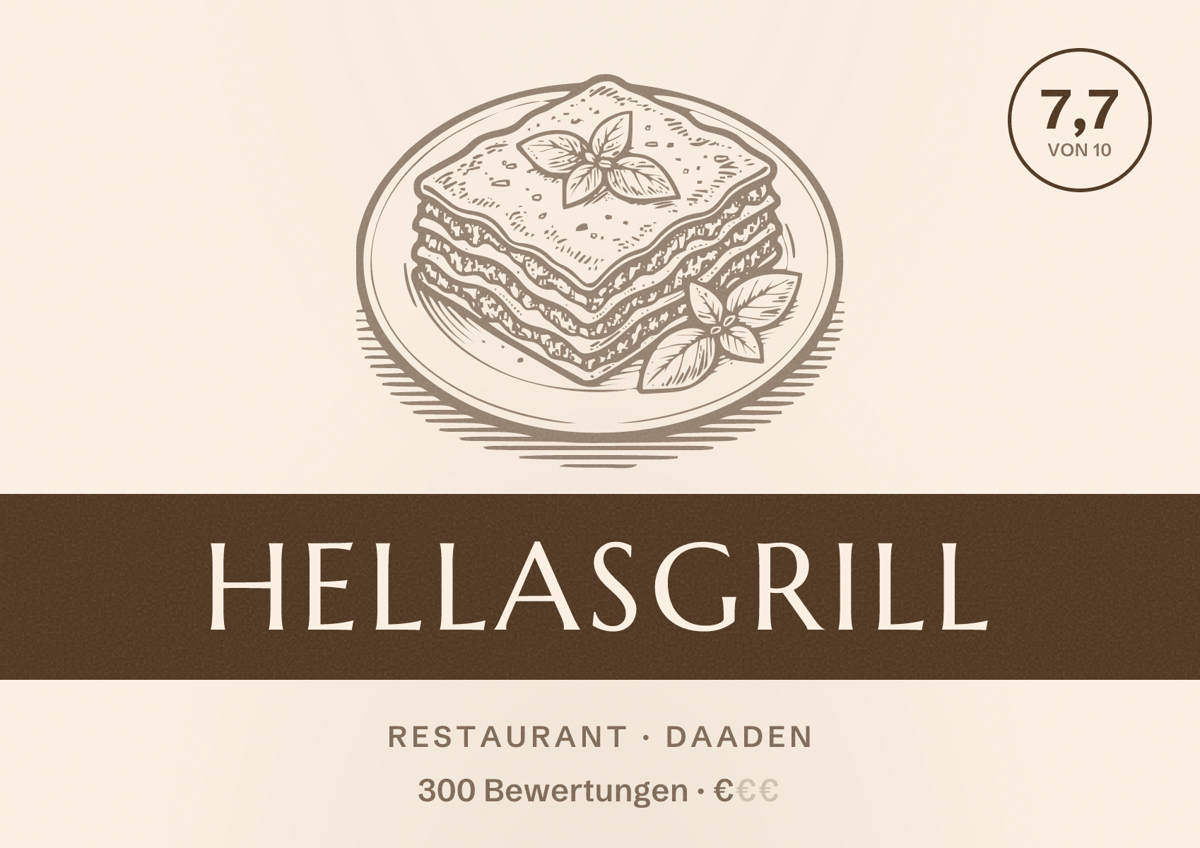 Illustriertes Poster von HellasGrill, Restaurant in Daaden: Bewertung 7,7 von 10 aus 300 Bewertungen, Preisniveau €