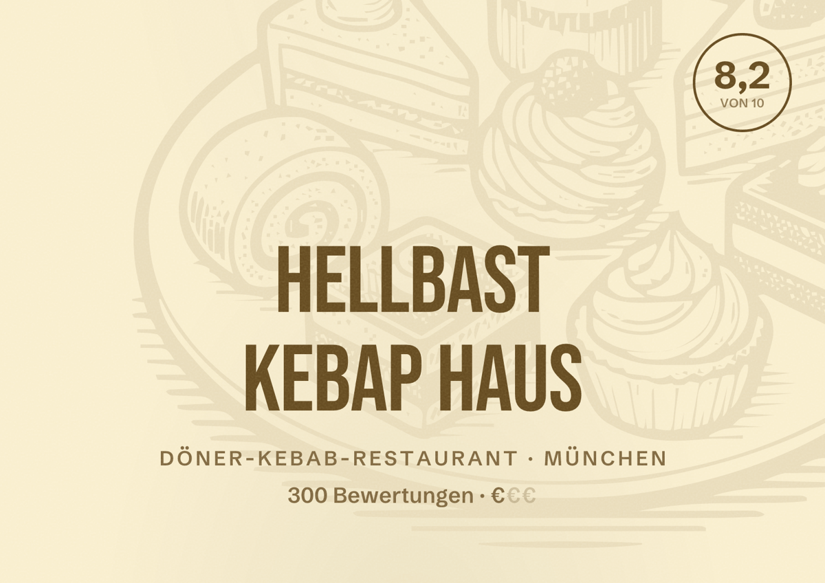 Illustriertes Poster von Hellbast Kebap Haus, Döner-Kebab-Restaurant in München: Bewertung 8,2 von 10 aus 300 Bewertungen, Preisniveau €