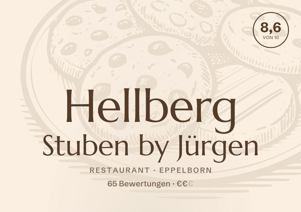 Illustriertes Poster von Hellberg Stuben by Jürgen, Restaurant in Eppelborn: Bewertung 8,6 von 10 aus 65 Bewertungen, Preisniveau €€