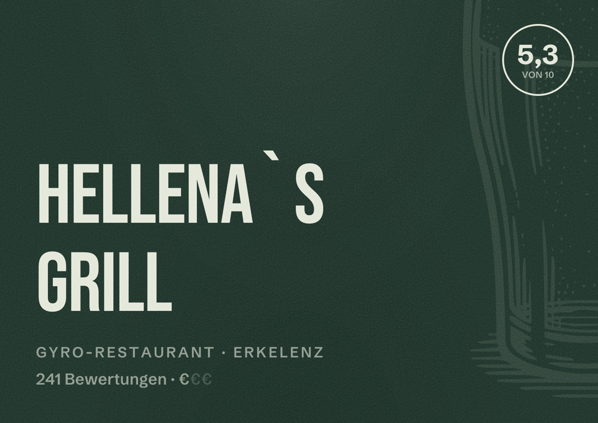 Illustriertes Poster von Hellena`s Grill, Gyro-Restaurant in Erkelenz: Bewertung 5,3 von 10 aus 241 Bewertungen, Preisniveau €