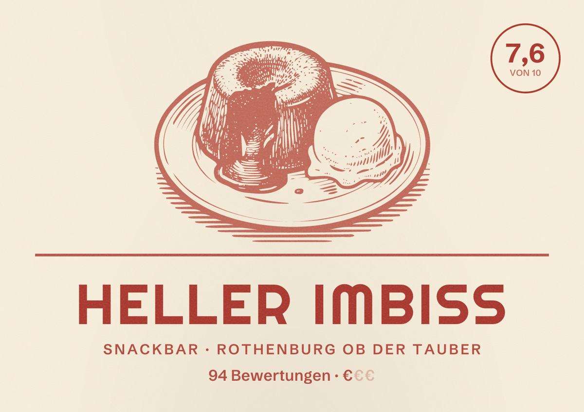 Illustriertes Poster von Heller Imbiss, Snackbar in Rothenburg ob der Tauber: Bewertung 7,6 von 10 aus 94 Bewertungen, Preisniveau €