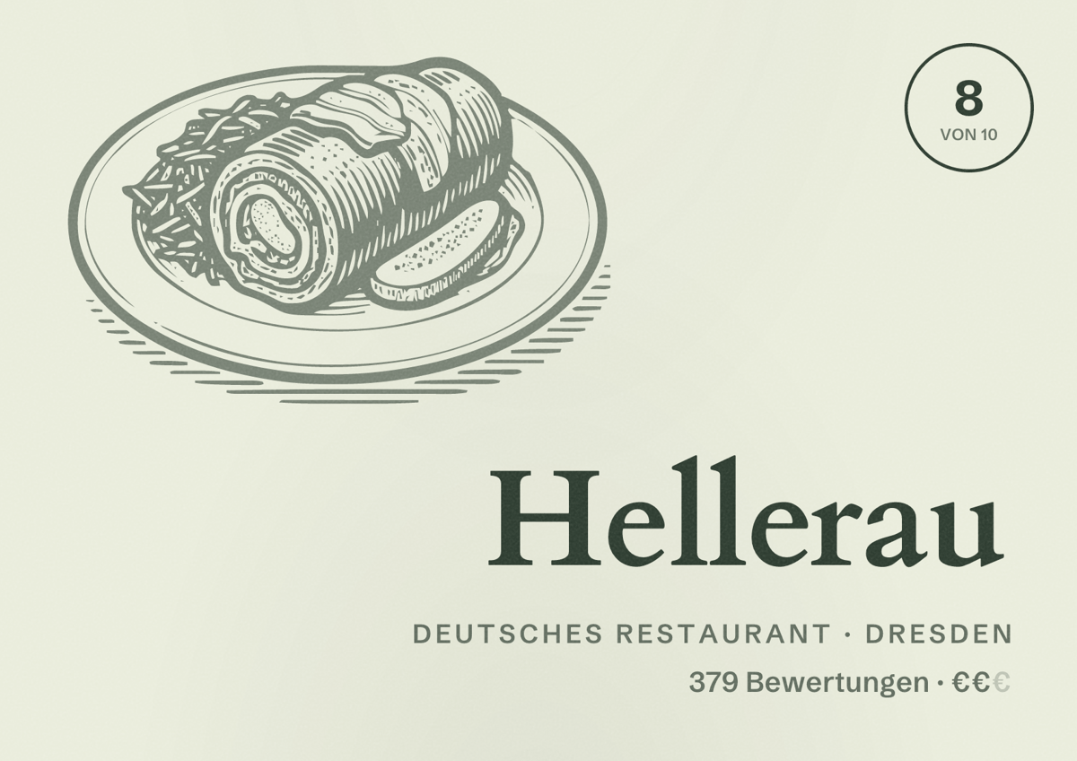 Illustriertes Poster von Hellerau, Deutsches Restaurant in Dresden: Gästebewertung 8 von 10 aus 379 Bewertungen