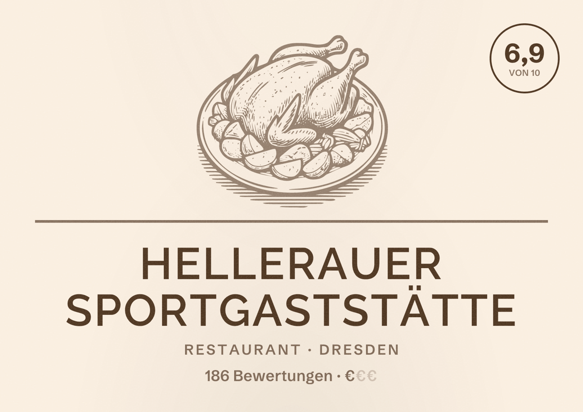 Illustriertes Poster von Hellerauer Sportgaststätte, Restaurant in Dresden: Bewertung 6,9 von 10 aus 186 Bewertungen, Preisniveau €