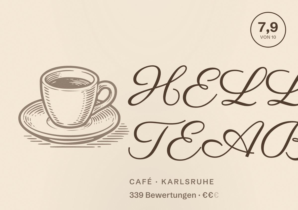 Illustriertes Poster von HELLERS TEABAR, Café in Karlsruhe: Bewertung 7,9 von 10 aus 339 Bewertungen, Preisniveau €€