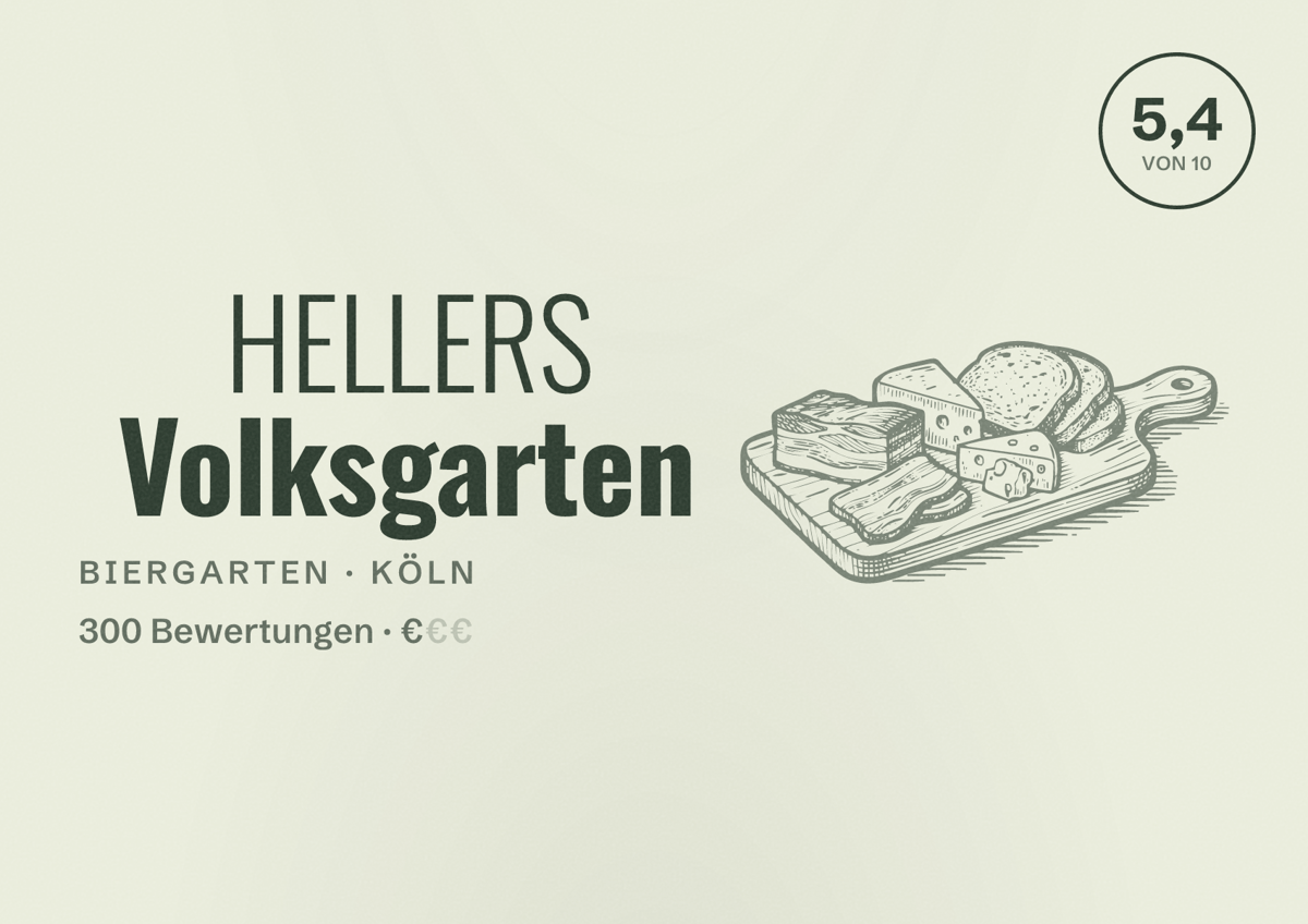 Illustriertes Poster von HELLERS Volksgarten, Biergarten in Köln: Bewertung 5,4 von 10 aus 300 Bewertungen, Preisniveau €