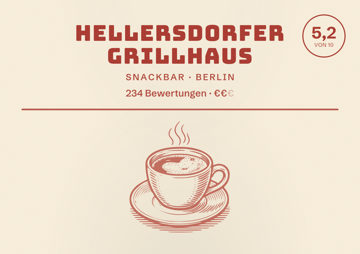 Illustriertes Poster von Hellersdorfer Grillhaus, Snackbar in Berlin: Bewertung 5,2 von 10 aus 234 Bewertungen, Preisniveau €€