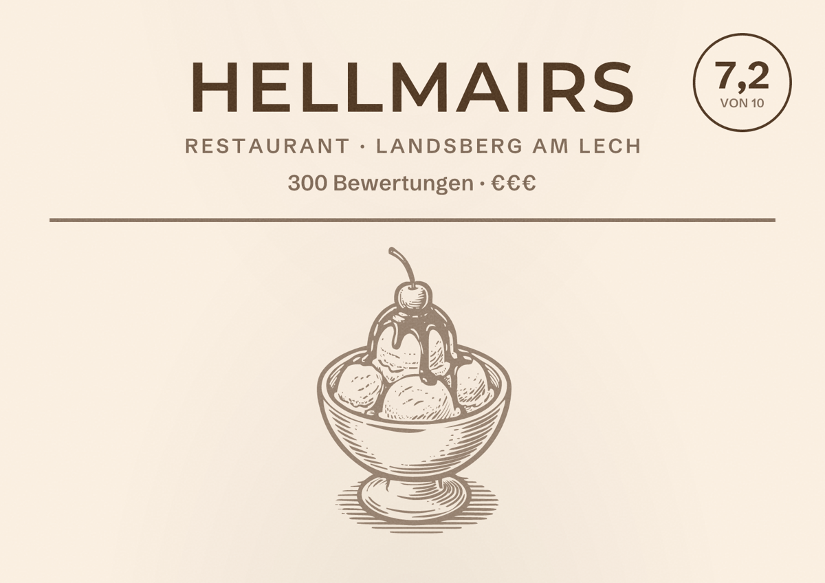 Illustriertes Poster von Hellmairs, Restaurant in Landsberg am Lech: Bewertung 7,2 von 10 aus 300 Bewertungen, Preisniveau €€€