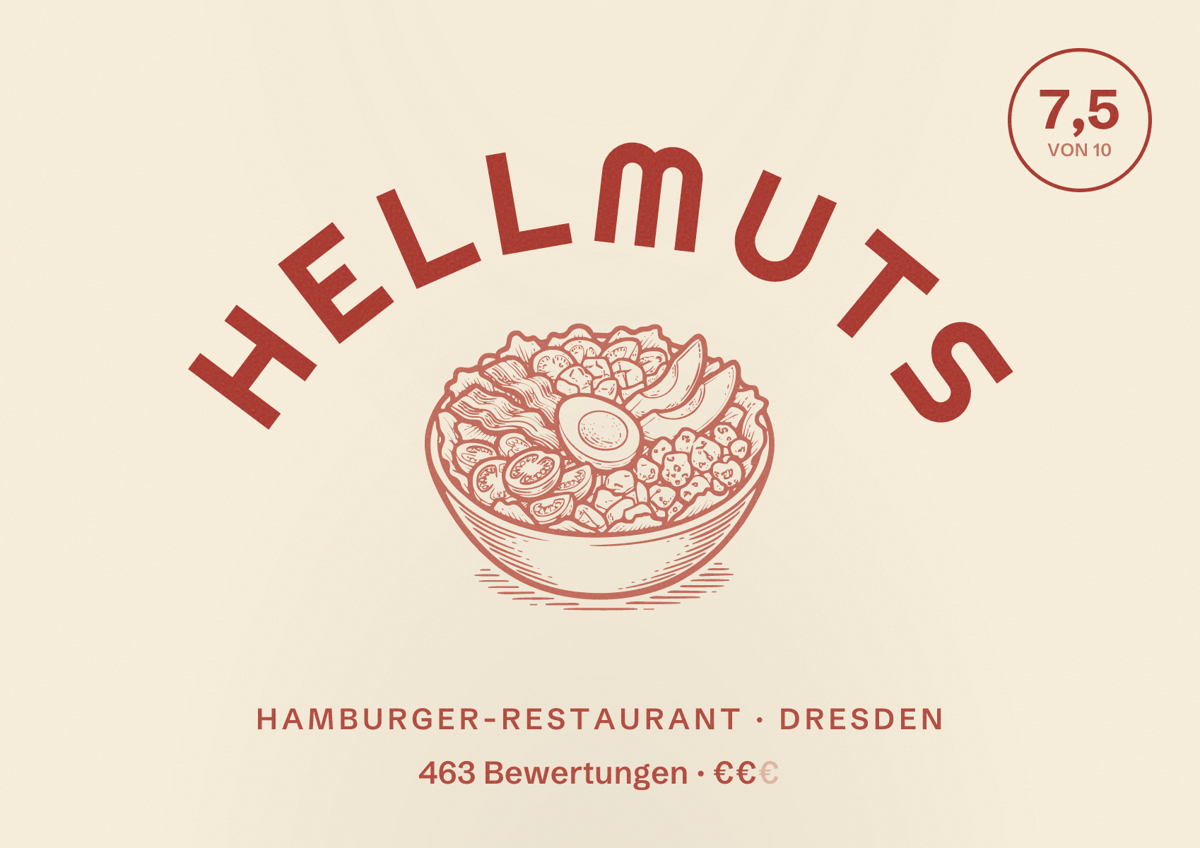 Illustriertes Poster von Hellmuts, Hamburger-Restaurant in Dresden: Gästebewertung 7,5 von 10 aus 463 Bewertungen