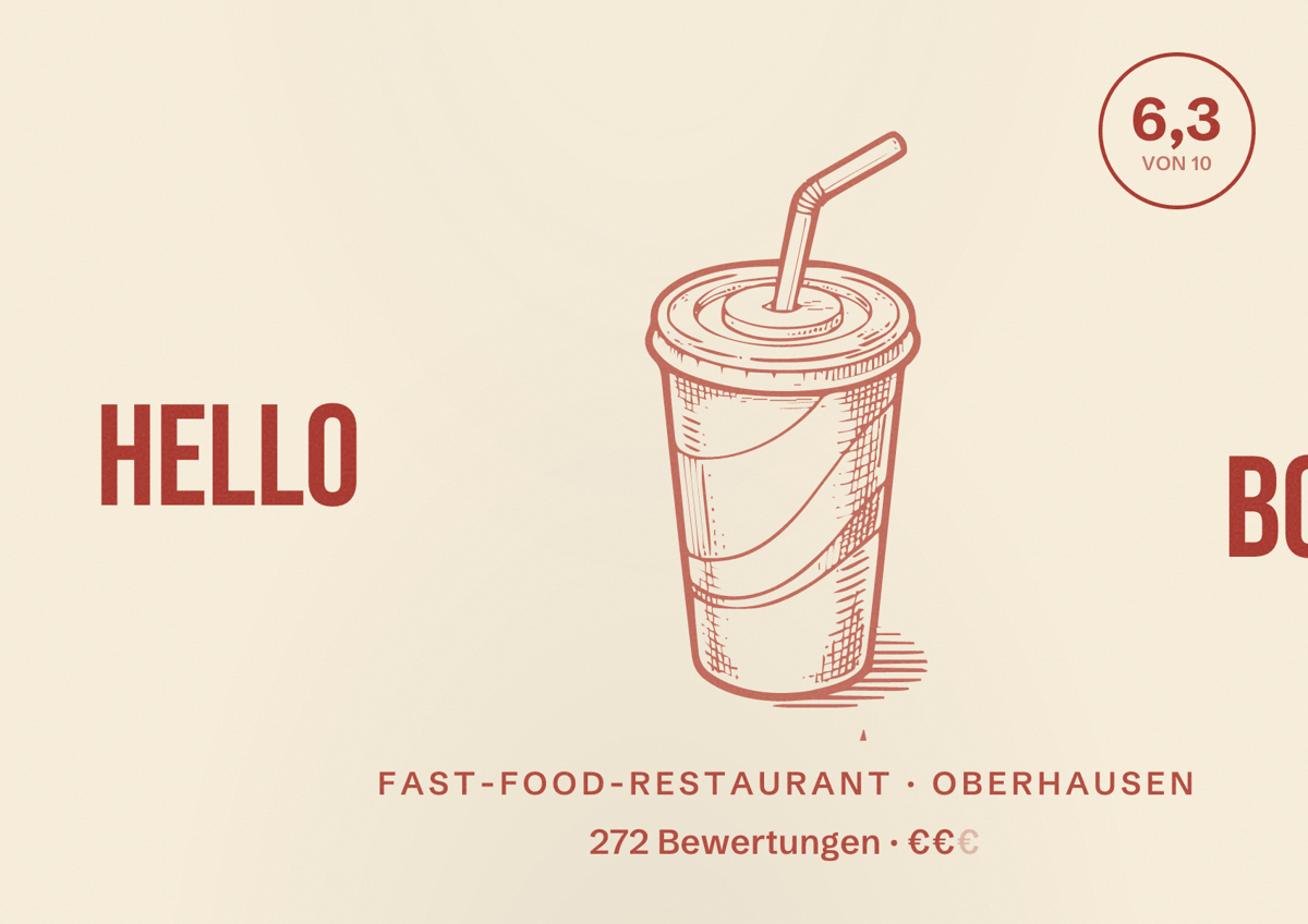 Illustriertes Poster von Hello Bowl, Fast-Food-Restaurant in Oberhausen: Bewertung 6,3 von 10 aus 272 Bewertungen, Preisniveau €€