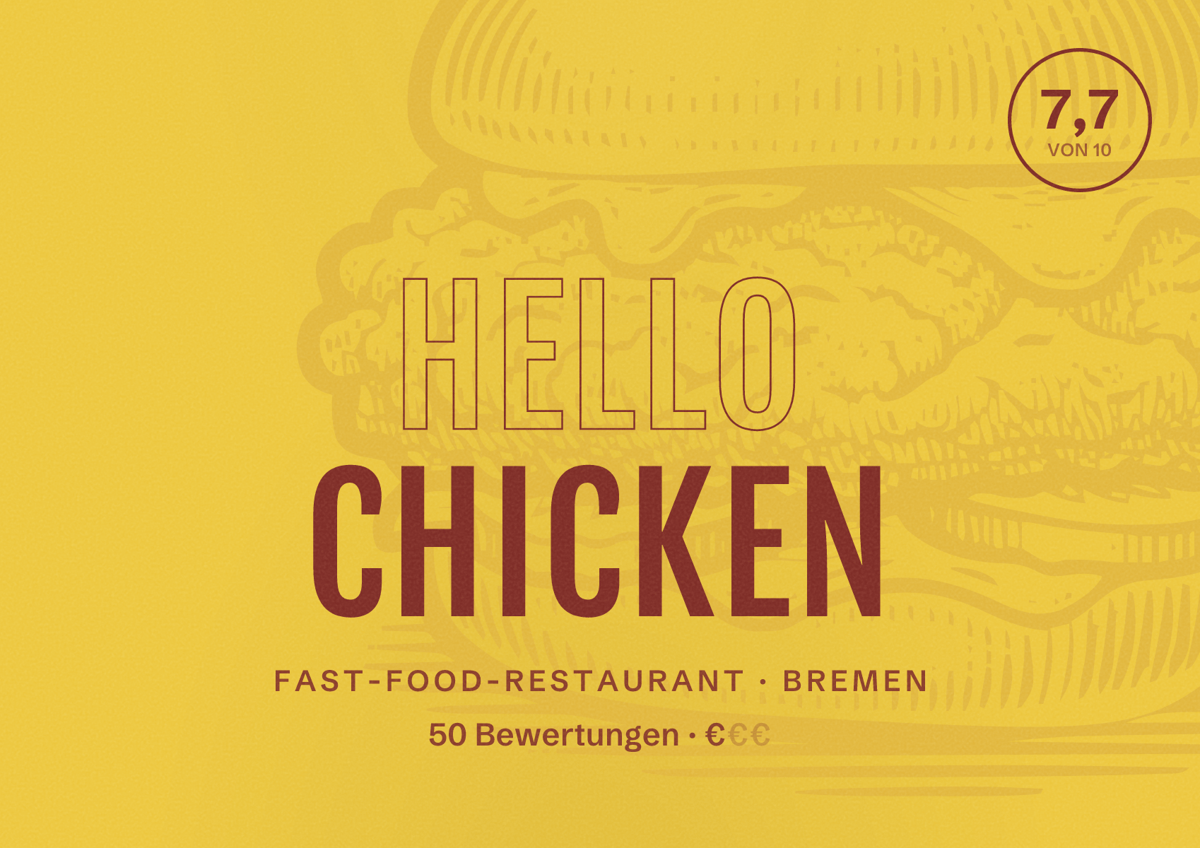 Illustriertes Poster von Hello Chicken, Fast-Food-Restaurant in Bremen: Bewertung 7,7 von 10 aus 50 Bewertungen, Preisniveau €