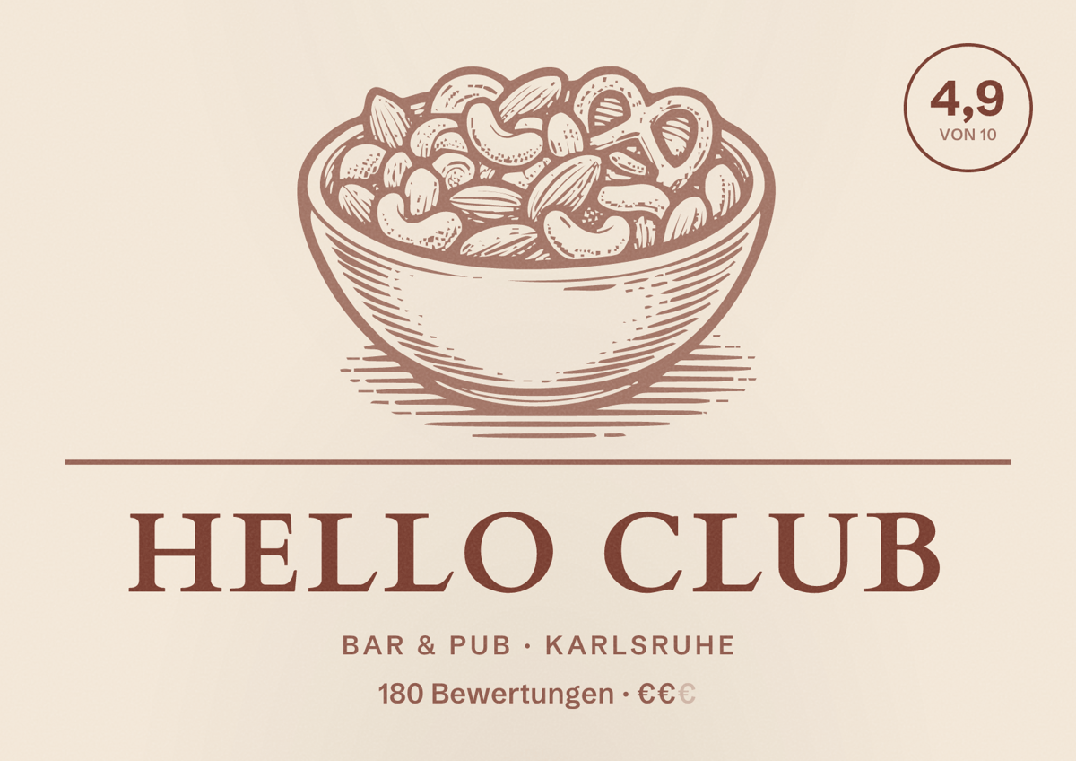 Illustriertes Poster von Hello Club, Bar & Pub in Karlsruhe: Bewertung 4,9 von 10 aus 180 Bewertungen, Preisniveau €€