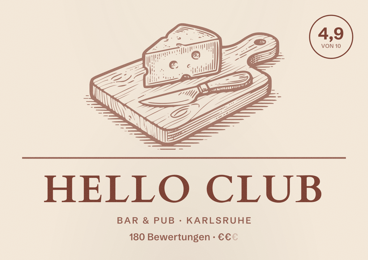 Illustriertes Poster von Hello Club, Bar & Pub in Karlsruhe: Bewertung 4,9 von 10 aus 180 Bewertungen, Preisniveau €€