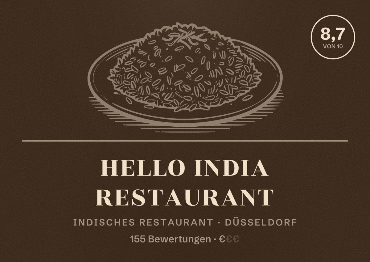 Illustriertes Poster von Hello India Restaurant, Indisches Restaurant in Düsseldorf: Bewertung 8,7 von 10 aus 155 Bewertungen, Preisniveau €
