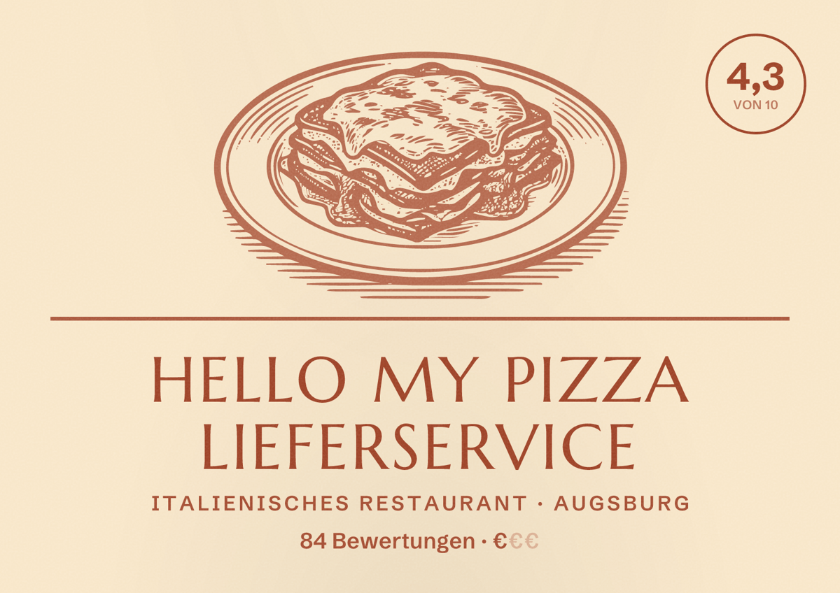 Illustriertes Poster von Hello My Pizza Lieferservice, Italienisches Restaurant in Augsburg: Bewertung 4,3 von 10 aus 84 Bewertungen, Preisniveau €