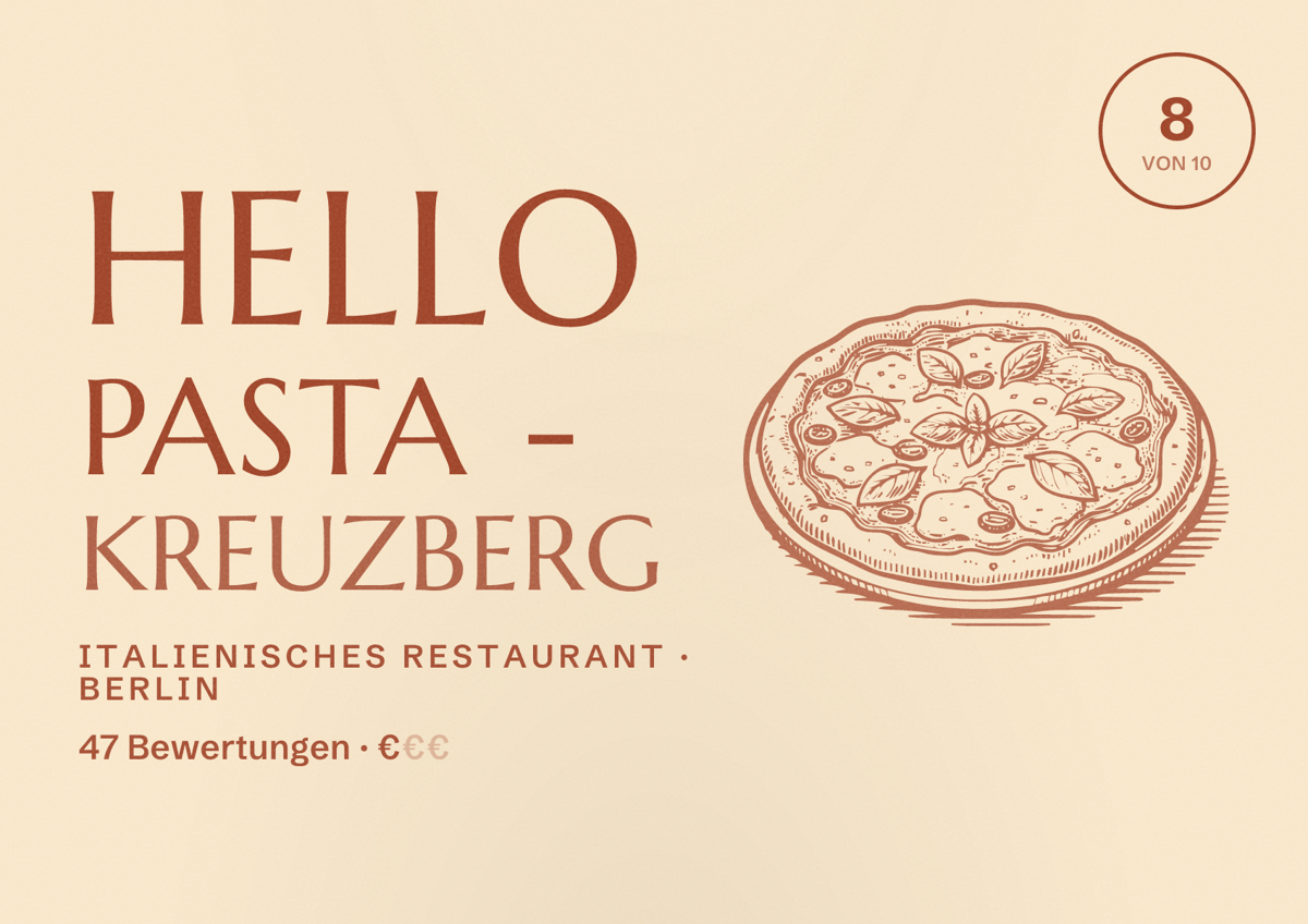 Illustriertes Poster von Hello Pasta - Kreuzberg, Italienisches Restaurant in Berlin: Bewertung 8,0 von 10 aus 47 Bewertungen, Preisniveau €