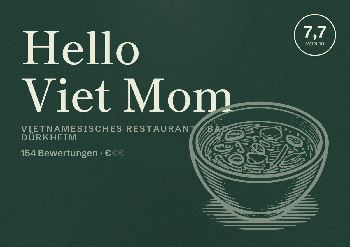 Illustriertes Poster von Hello Viet Mom, Vietnamesisches Restaurant in Bad Dürkheim: Bewertung 7,7 von 10 aus 154 Bewertungen, Preisniveau €