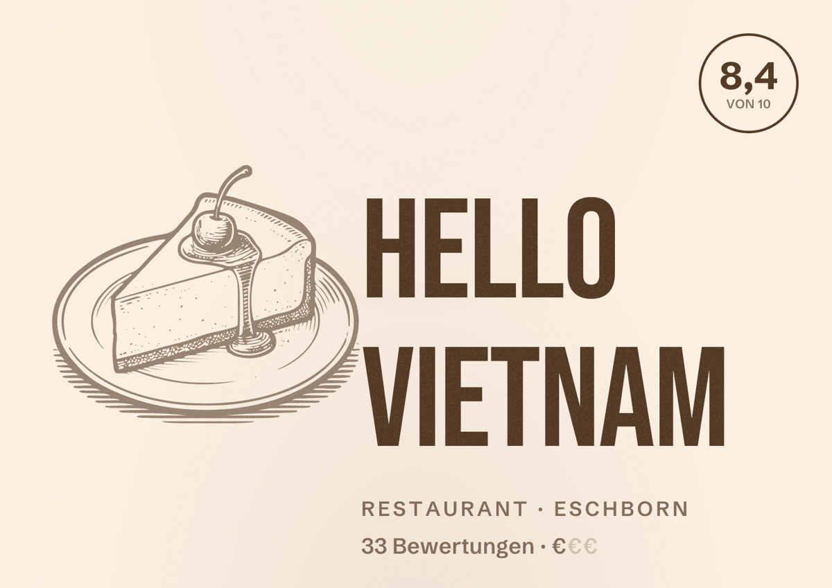Illustriertes Poster von Hello Vietnam, Restaurant in Eschborn: Bewertung 8,4 von 10 aus 33 Bewertungen, Preisniveau €