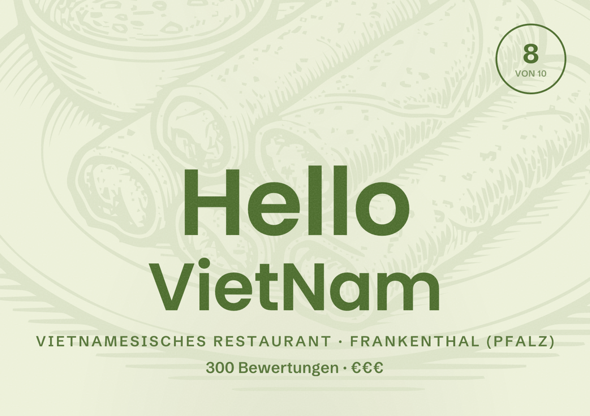 Illustriertes Poster von Hello VietNam, Vietnamesisches Restaurant in Frankenthal (Pfalz): Bewertung 8 von 10 aus 300 Bewertungen, Preisniveau €€€