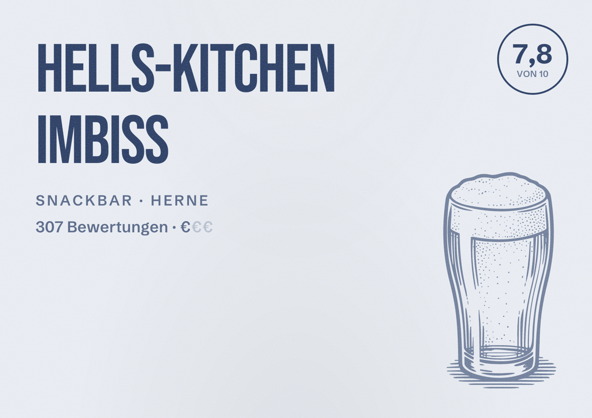 Illustriertes Poster von Hells-Kitchen Imbiss, Snackbar in Herne: Bewertung 7,8 von 10 aus 307 Bewertungen, Preisniveau €