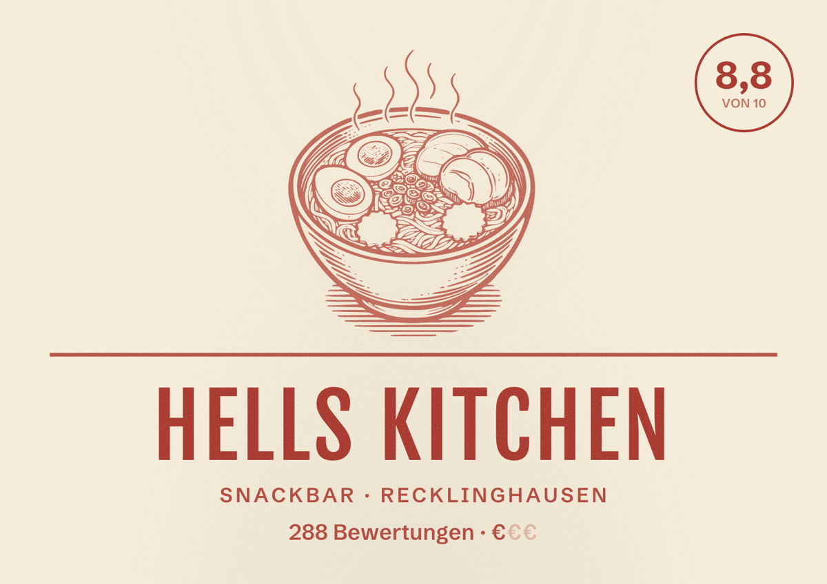 Illustriertes Poster von Hells Kitchen, Snackbar in Recklinghausen: Bewertung 8,8 von 10 aus 288 Bewertungen, Preisniveau €