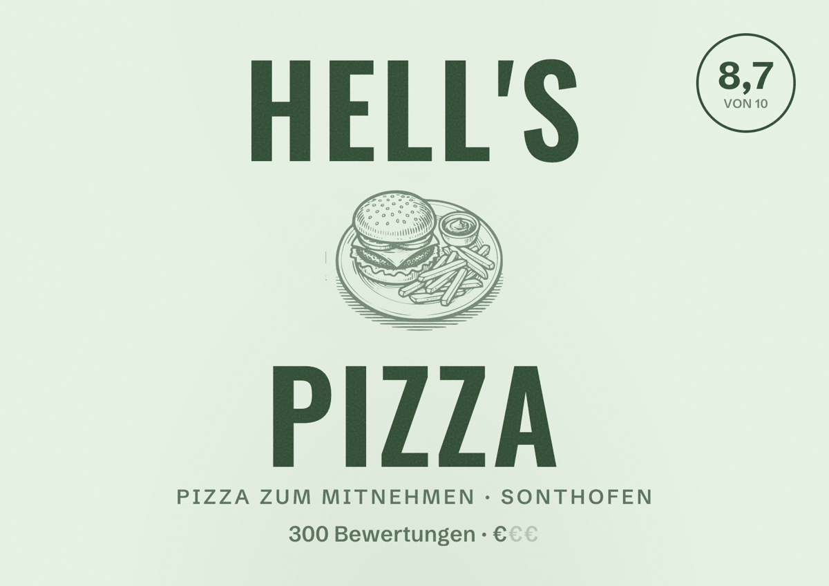 Illustriertes Poster von Hell's Pizza, Pizza zum Mitnehmen in Sonthofen: Bewertung 8,7 von 10 aus 300 Bewertungen, Preisniveau €