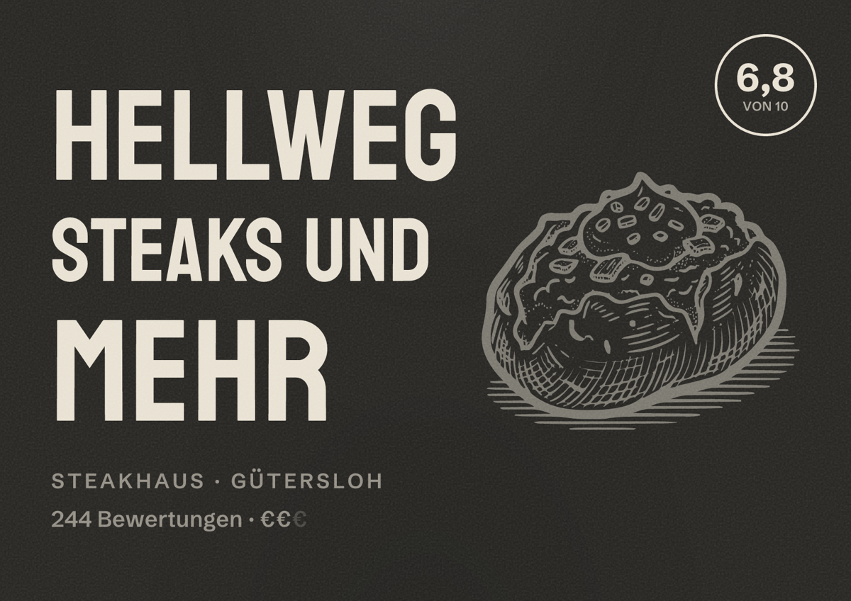 Illustriertes Poster von Hellweg Steaks und mehr, Steakhaus in Gütersloh: Bewertung 6,8 von 10 aus 244 Bewertungen, Preisniveau €€