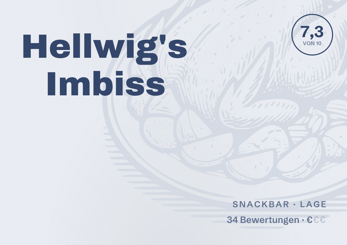 Illustriertes Poster von Hellwig's Imbiss, Snackbar in Lage: Bewertung 7,3 von 10 aus 34 Bewertungen, Preisniveau €
