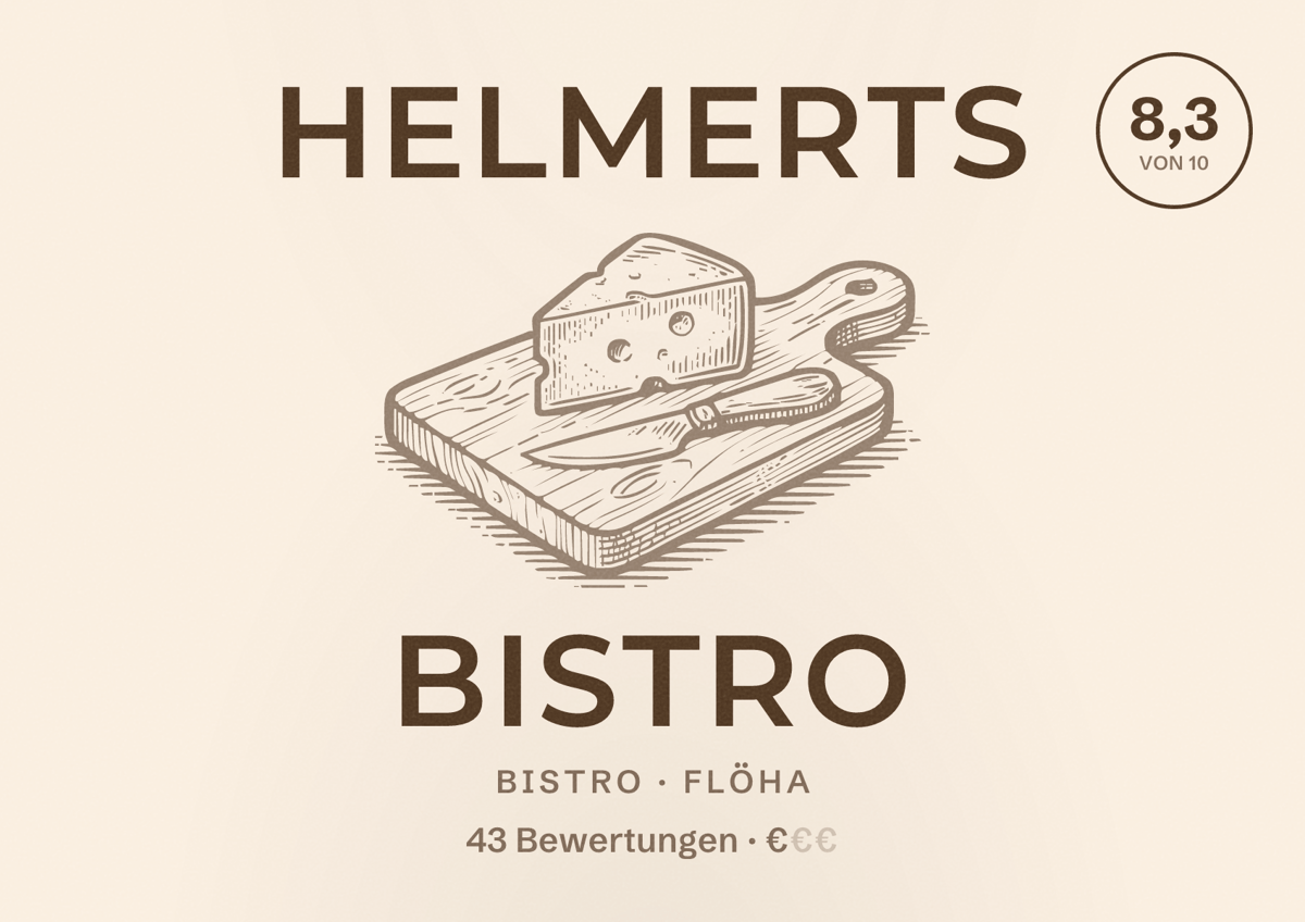 Illustriertes Poster von Helmerts Bistro, Bistro in Flöha: Bewertung 8,3 von 10 aus 43 Bewertungen, Preisniveau €
