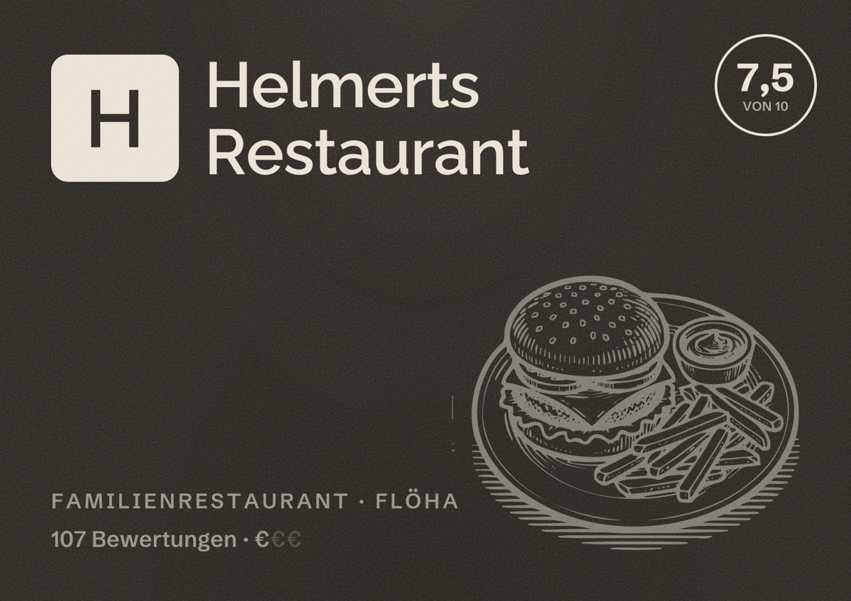 Illustriertes Poster von Helmerts Restaurant, Familienrestaurant in Flöha: Bewertung 7,5 von 10 aus 107 Bewertungen, Preisniveau €