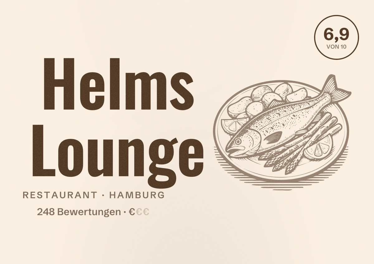 Illustriertes Poster von Helms Lounge, Restaurant in Hamburg: Bewertung 6,9 von 10 aus 248 Bewertungen, Preisniveau €