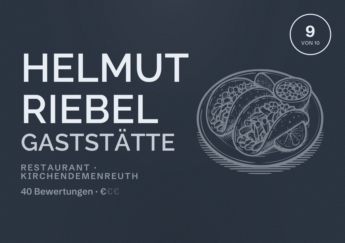 Illustriertes Poster von Helmut Riebel Gaststätte, Restaurant in Kirchendemenreuth: Bewertung 9 von 10 aus 40 Bewertungen, Preisniveau €