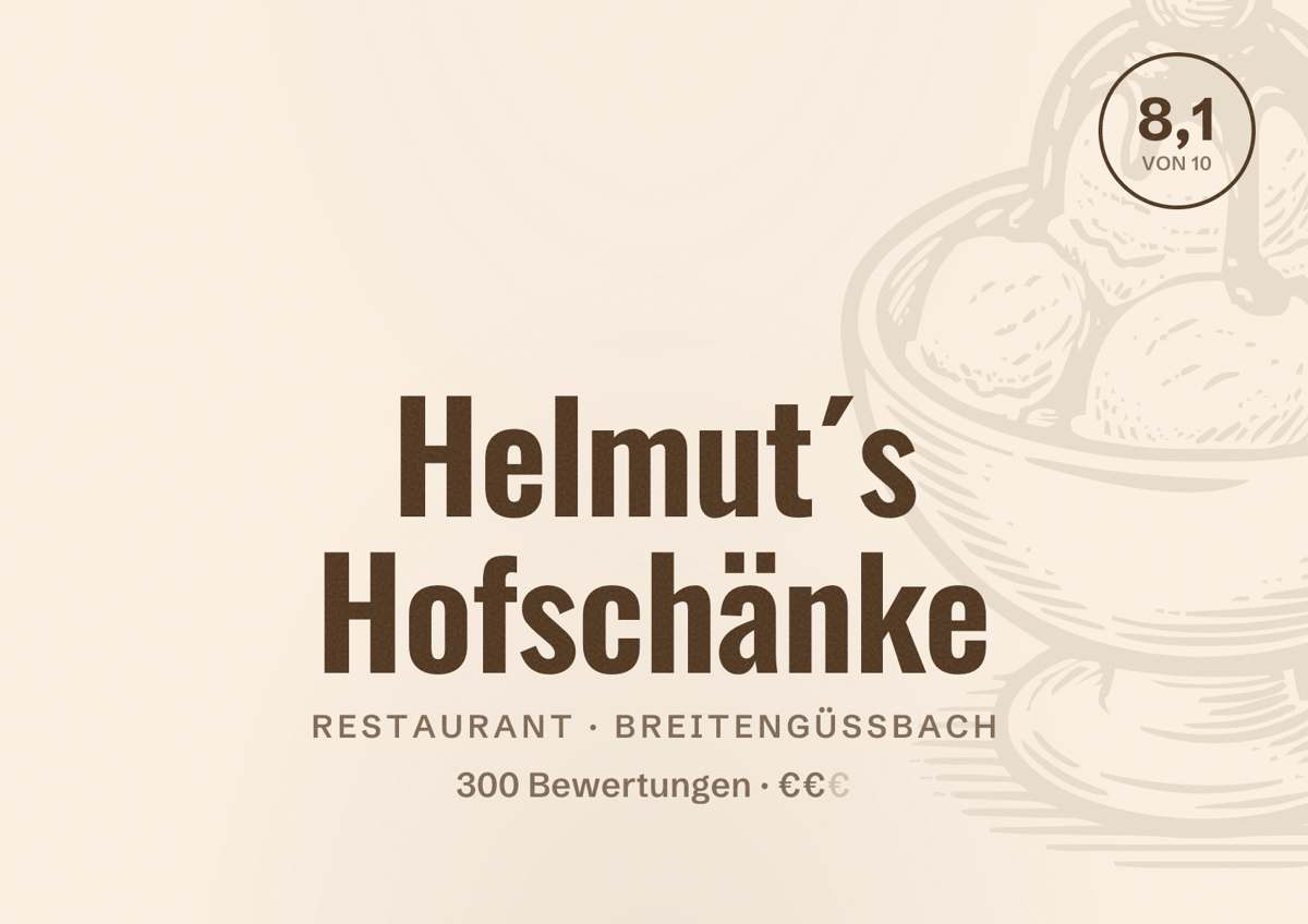 Illustriertes Poster von Helmut´s Hofschänke, Restaurant in Breitengüßbach: Bewertung 8,1 von 10 aus 300 Bewertungen, Preisniveau €€