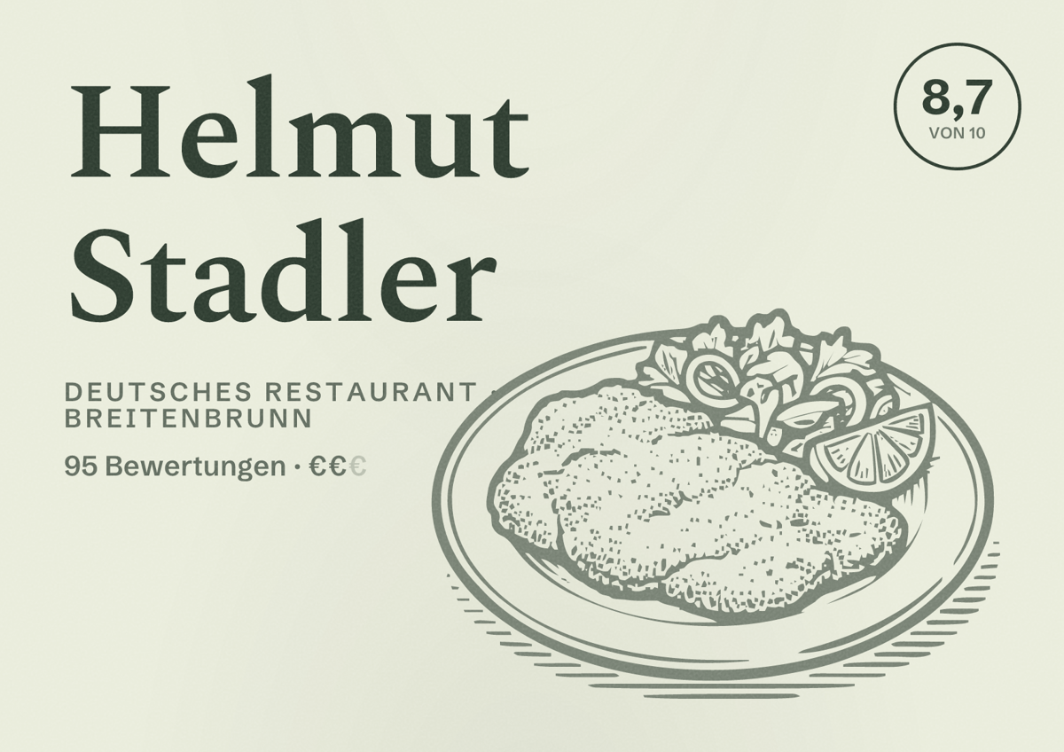 Illustriertes Poster von Helmut Stadler, Deutsches Restaurant in Breitenbrunn: Bewertung 8,7 von 10 aus 95 Bewertungen, Preisniveau €€