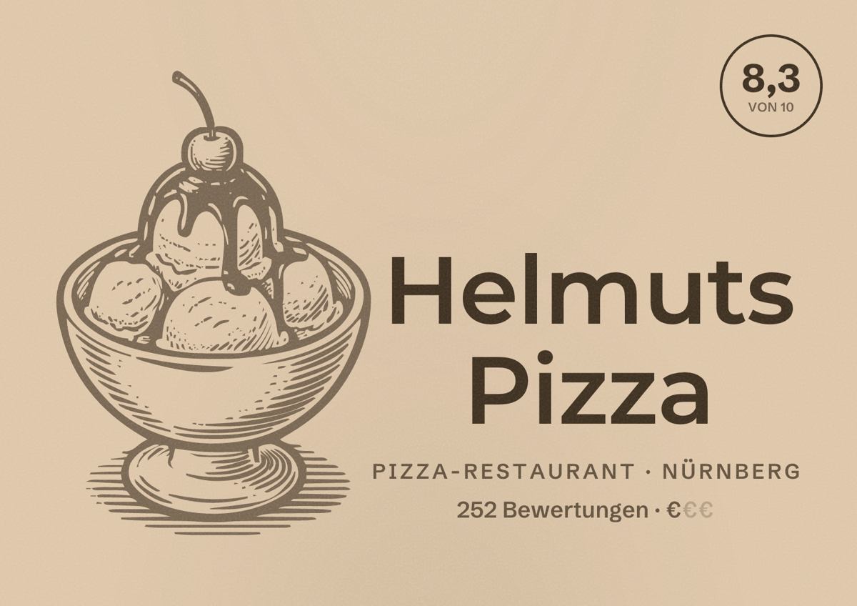 Illustriertes Poster von Helmuts Pizza, Pizza-Restaurant in Nürnberg: Bewertung 8,3 von 10 aus 252 Bewertungen, Preisniveau €