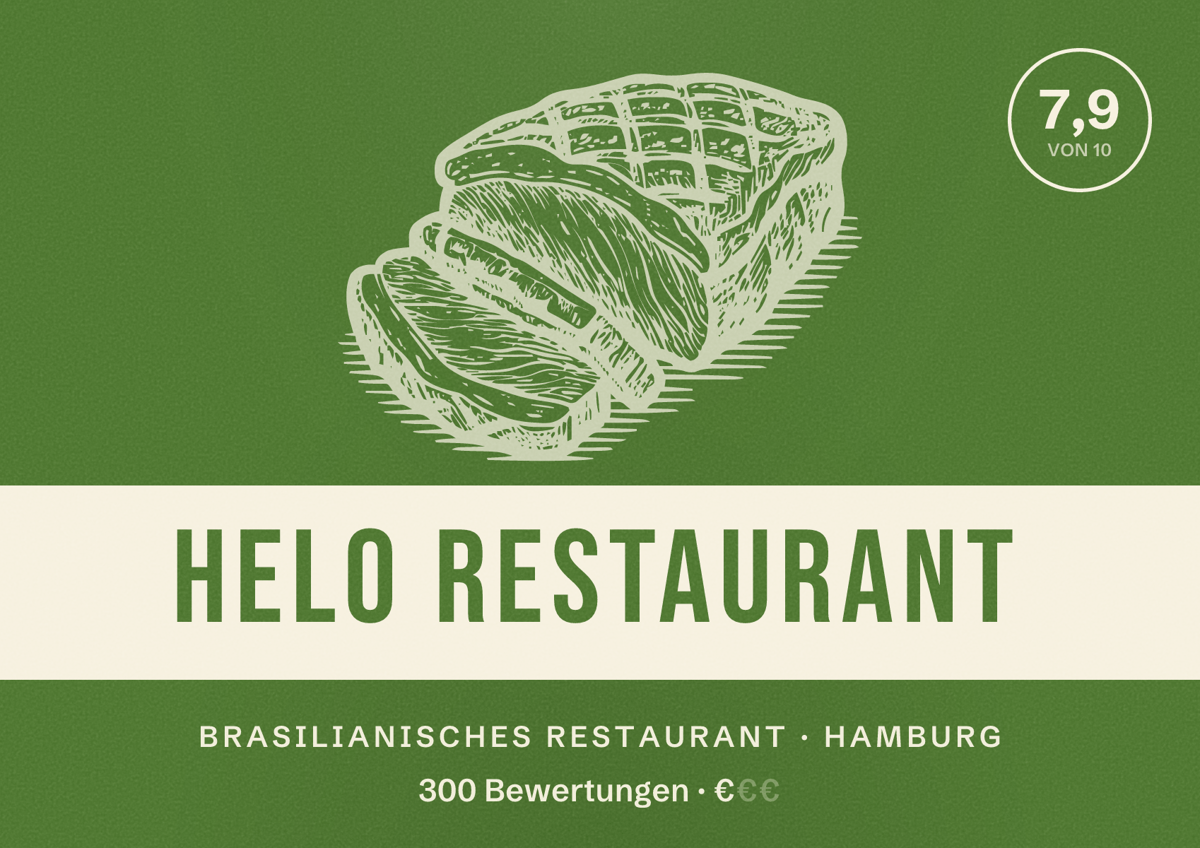 Illustriertes Poster von HELO Restaurant, Brasilianisches Restaurant in Hamburg: Bewertung 7,9 von 10 aus 300 Bewertungen, Preisniveau €