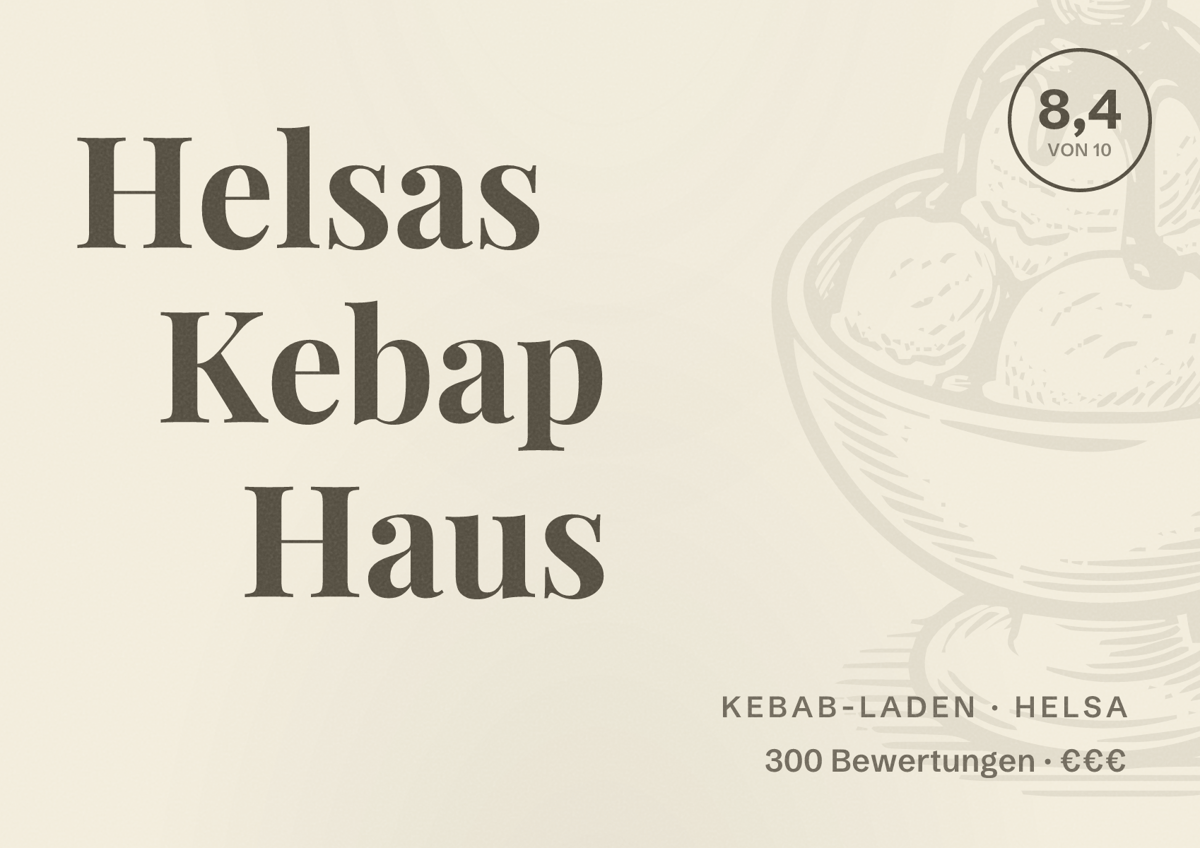 Illustriertes Poster von Helsas Kebap Haus, Kebab-Laden in Helsa: Bewertung 8,4 von 10 aus 300 Bewertungen, Preisniveau €€€