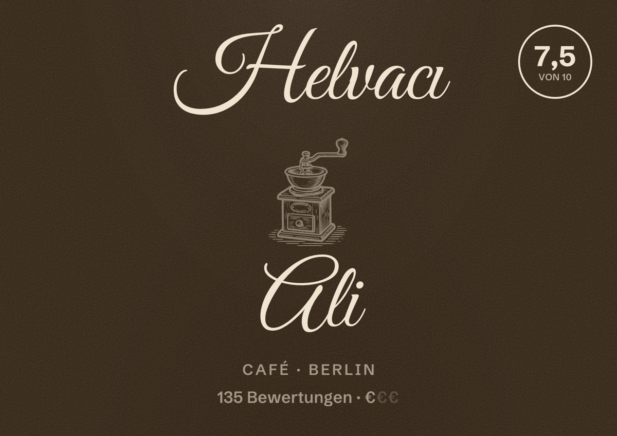 Illustriertes Poster von Helvacı Ali, Café in Berlin: Bewertung 7,5 von 10 aus 135 Bewertungen, Preisniveau €
