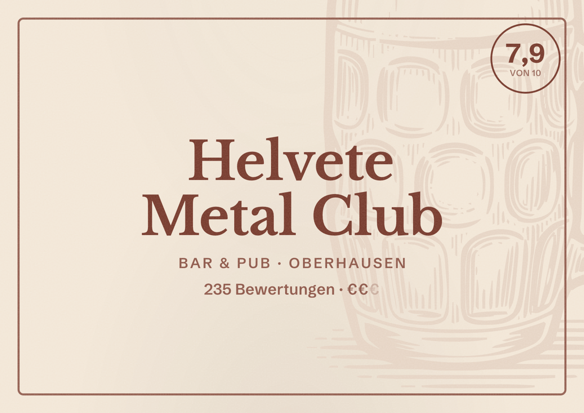 Illustriertes Poster von Helvete Metal Club, Bar & Pub in Oberhausen: Bewertung 7,9 von 10 aus 235 Bewertungen, Preisniveau €€
