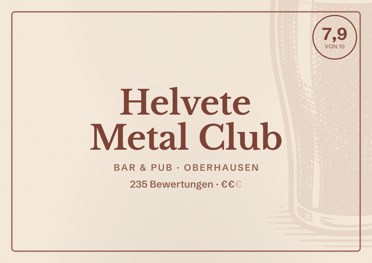 Illustriertes Poster von Helvete Metal Club, Bar & Pub in Oberhausen: Bewertung 7,9 von 10 aus 235 Bewertungen, Preisniveau €€