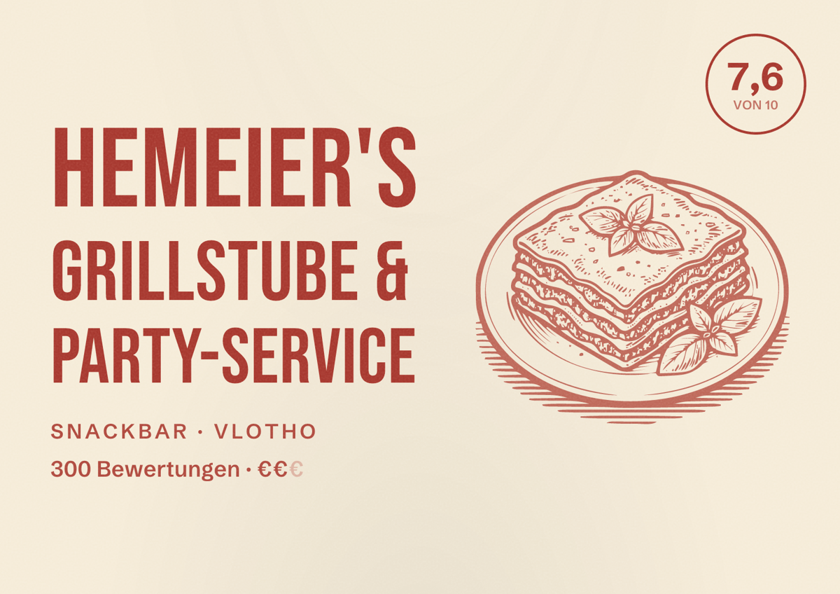 Illustriertes Poster von Hemeier's Grillstube & Party-Service, Snackbar in Vlotho: Bewertung 7,6 von 10 aus 300 Bewertungen, Preisniveau €€