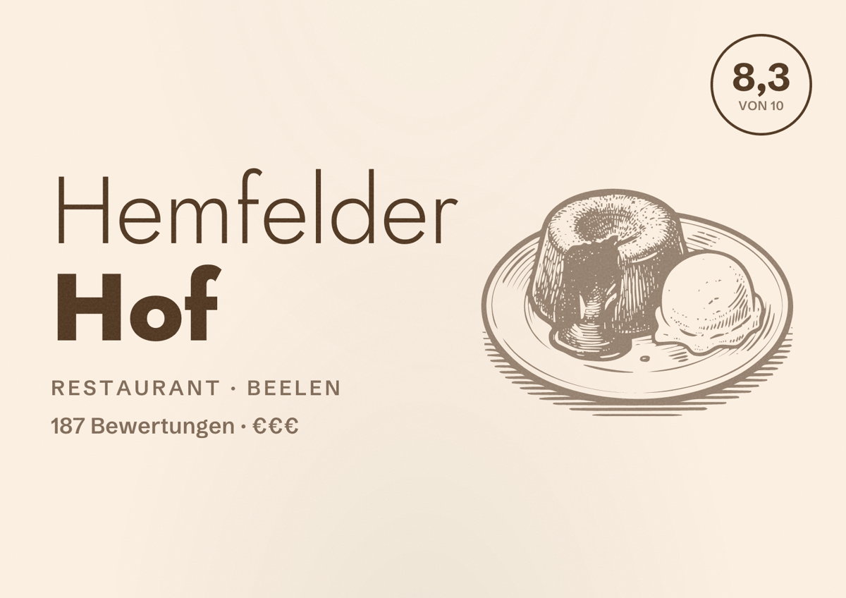 Illustriertes Poster von Hemfelder Hof, Restaurant in Beelen: Bewertung 8,3 von 10 aus 187 Bewertungen, Preisniveau €€€