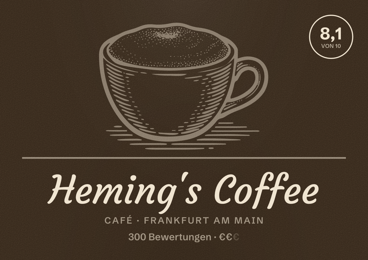 Illustriertes Poster von Heming's Coffee, Café in Frankfurt am Main: Bewertung 8,1 von 10 aus 300 Bewertungen, Preisniveau €€